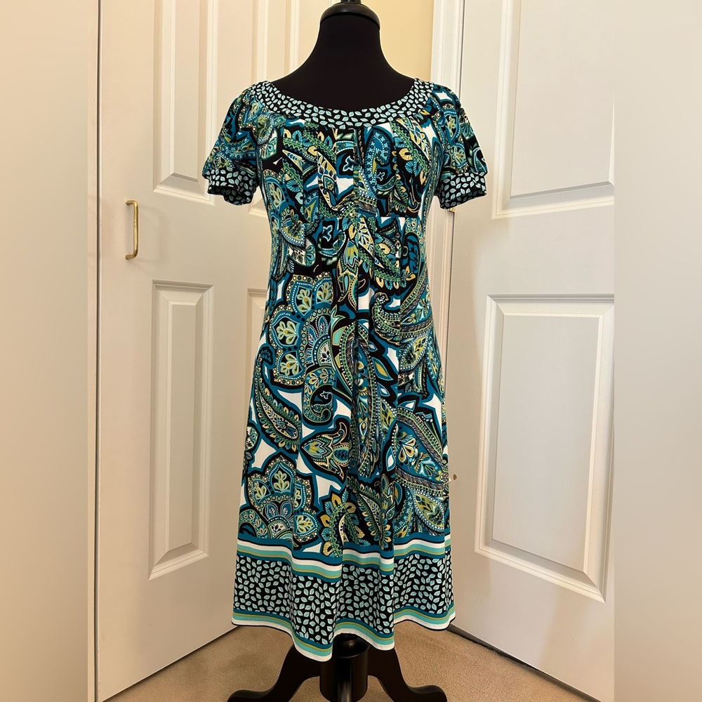 Turquoise abstract print dress, Sz 6. Easter/Church/Work. Soft and comfortable!